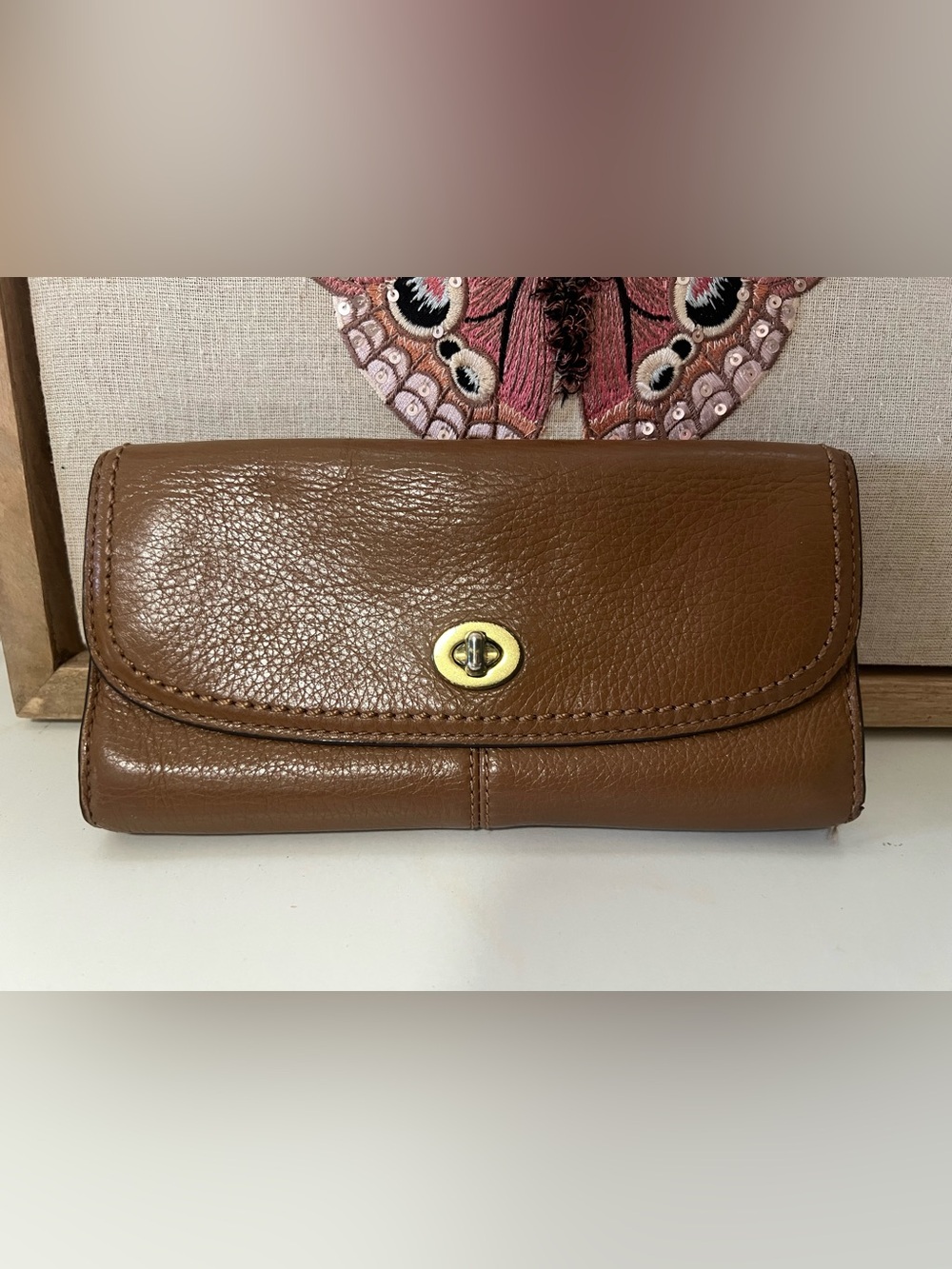 Classic Brown Leather Turnlock Wallet Clutch